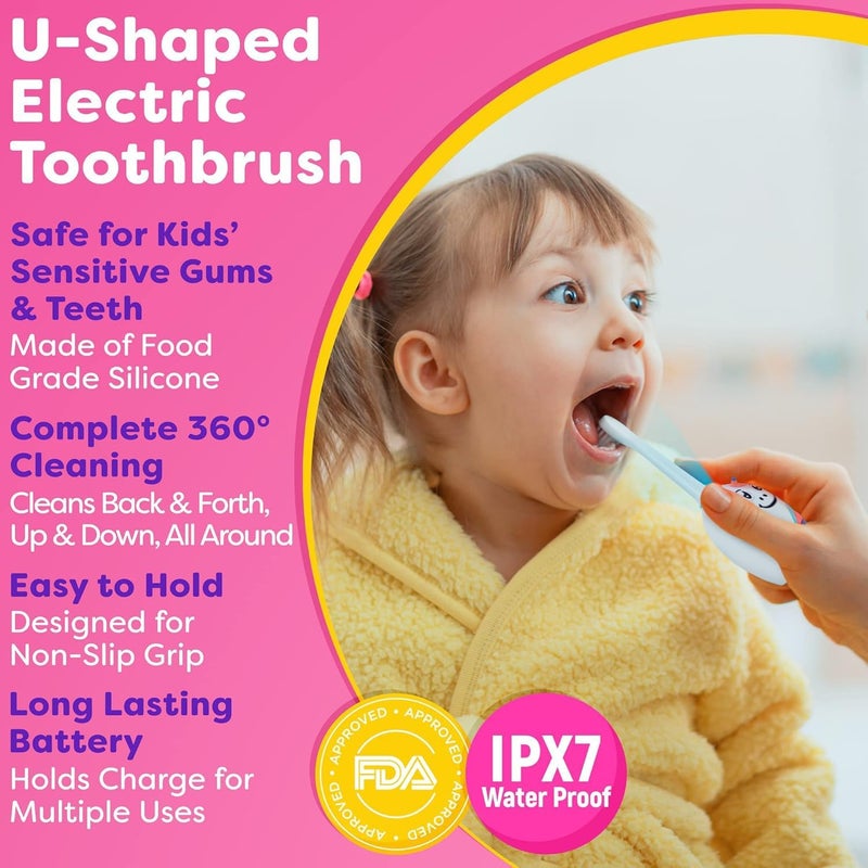 Trueocity Kids U Shape Toothbrush Auto Electric Toddler Rechargeable Kids Automatic Toothbrush | 360° U-Shaped Silicone Brush Head | Gentle Cleaning for Ages 2–7 | Unicorn Design (Pink) - Image 4